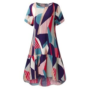 ZANZEA Bohemian Geometric Printed Short Sleeve Ruffle A Line Dress Women’s XXL